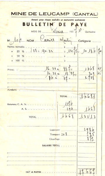 Bulletin paye mineur leucamp 1957